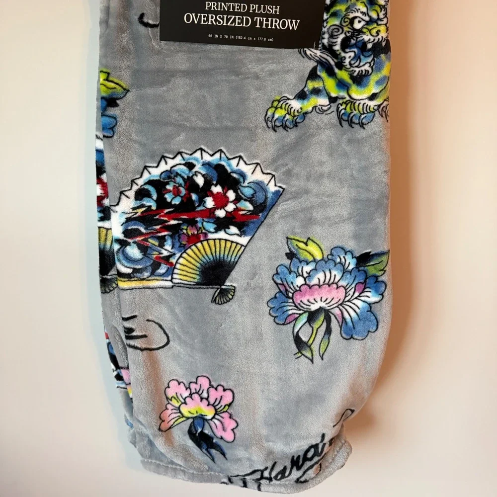 New Ed Hardy Grey Throw Blanket 60x70 Floral Flower Lion Fan Y2K Blue